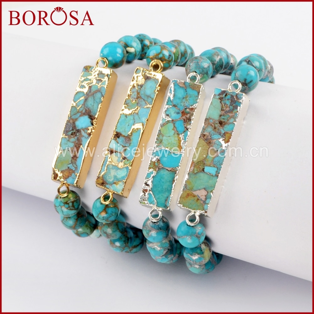 Borosa måke rektangel kobber turkis armbånd med 8mm turkis perler håndlaget armbånd til kvinner edelstener armbånd  g1651