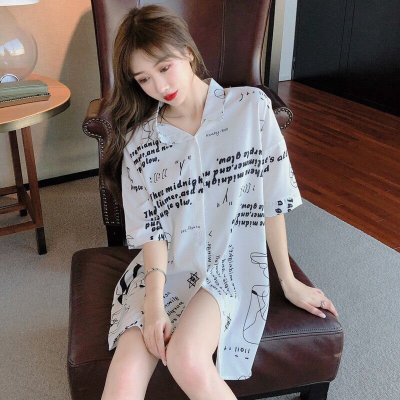 Zomer Vrouwen Wit Nachthemd Nachtkleding Turn-Down Kraag Sexy Chiffon Casual Modieuze Pyjama Halve Mouwen Print