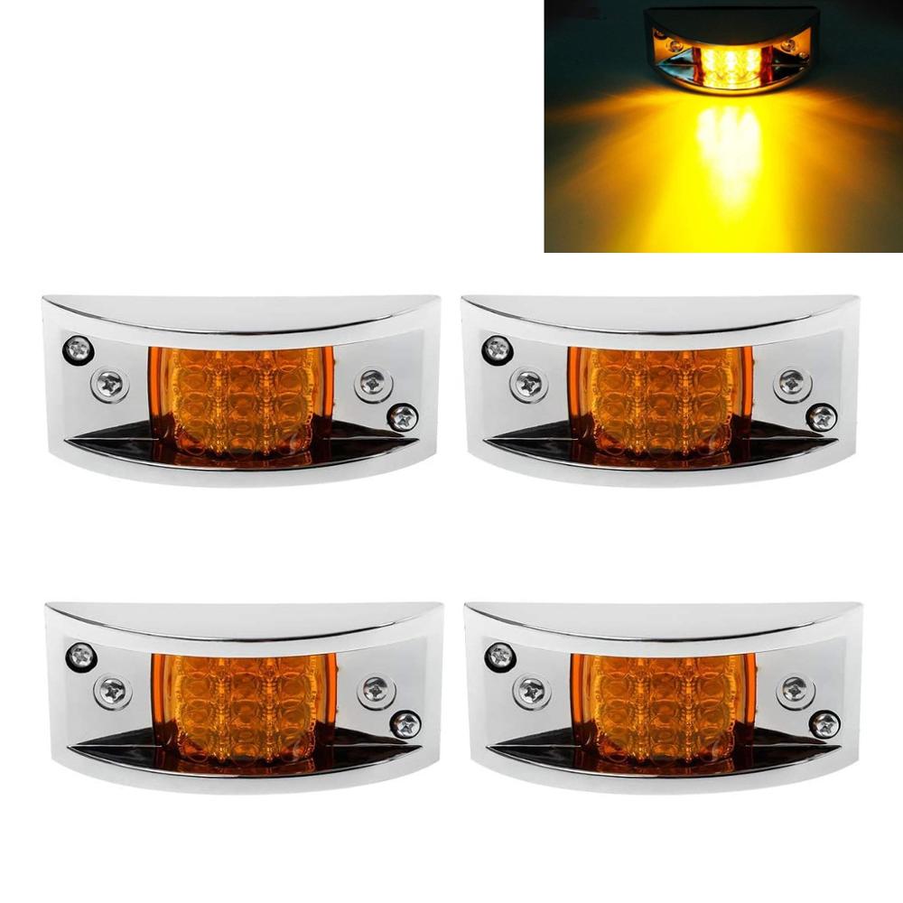 Fuleem Universal Amber 4PCS Rectangle Chrome Armored LED Trailer Truck Side Marker Lights Clearance Lights 12LED 12V Waterproof