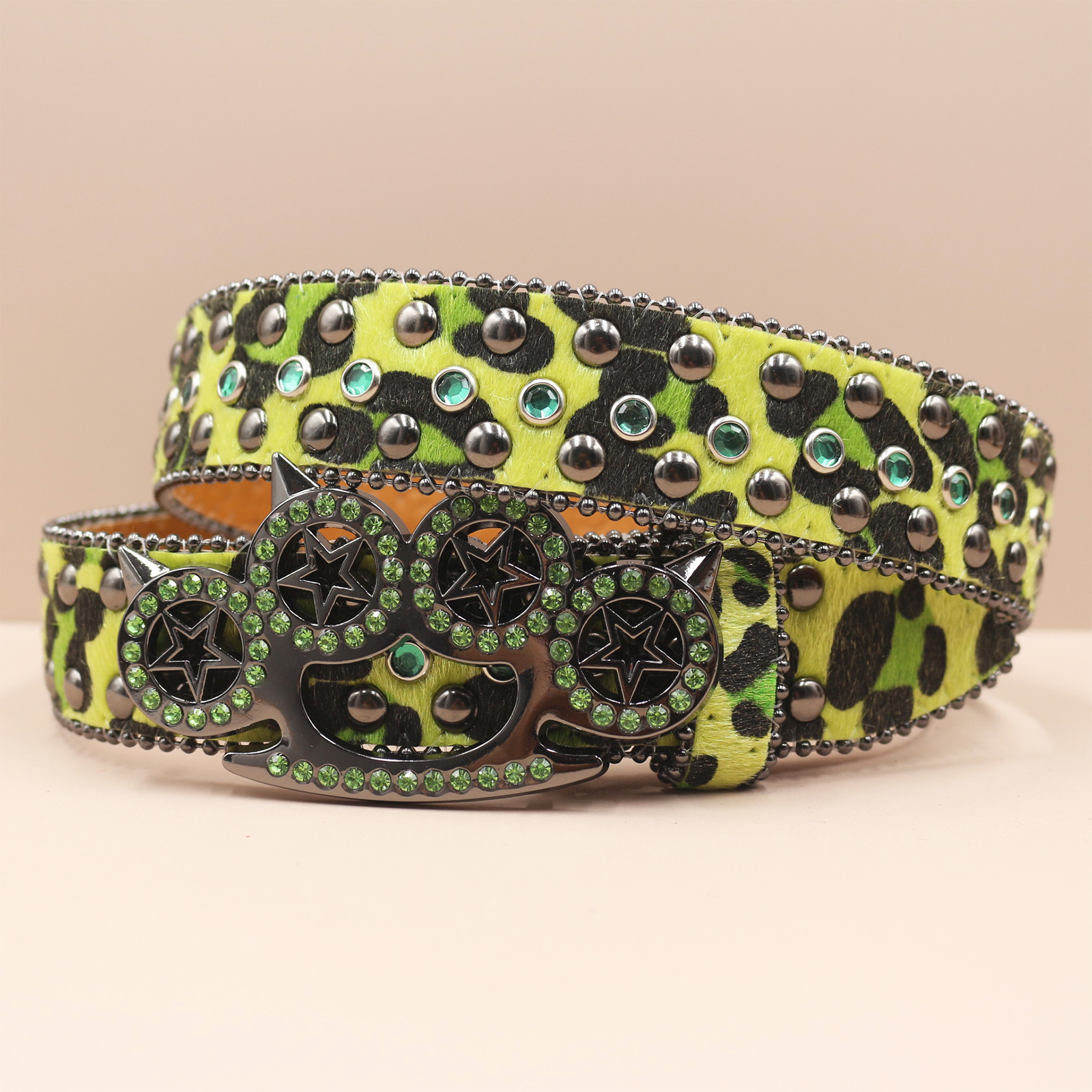 Women's Jeans Leopard Rhinestone Large Size Belt Men's Belt Western Denim Shiny Rivet Leather HipHop Rock Y2K Style Belt: green / 125cm
