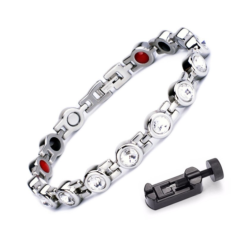 Rhinestone Vrouw Magnetische Power Armband Gezondheid Energie Goud Mode-sieraden Lady Titanium Stalen Armbanden Armbanden: Silver w tool