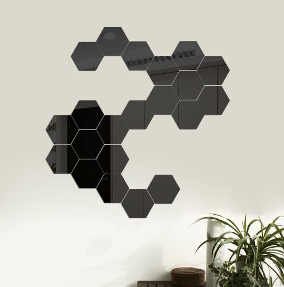 3d vægspejle geometrisk sekskantet spejl vægmærkat klistermærke forstør stue aftagelig sikkerhed diy kunst ornamenter boligindretning: Sort / S 80 x 70 x 40mm