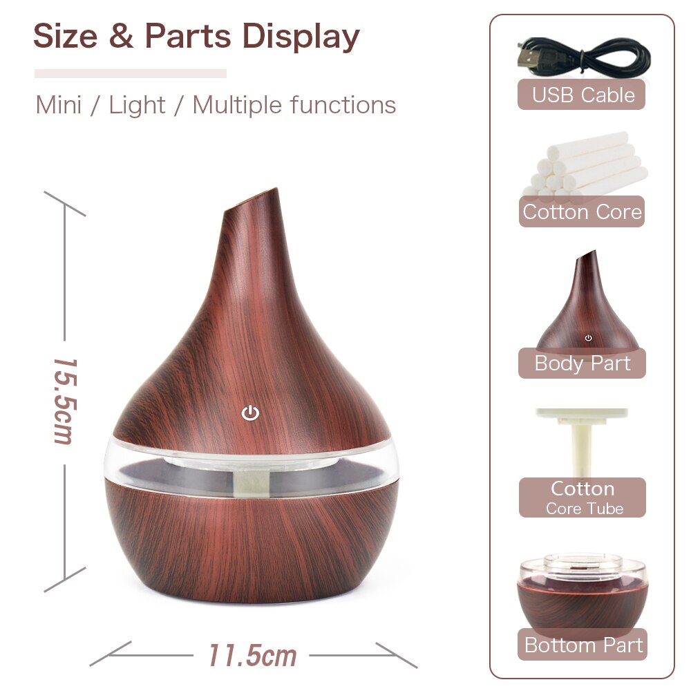 300ML USB humidifier Electric oil Aromatherapy wood grain Ultrasonic air diffuser with 7 colors lights for home office Car