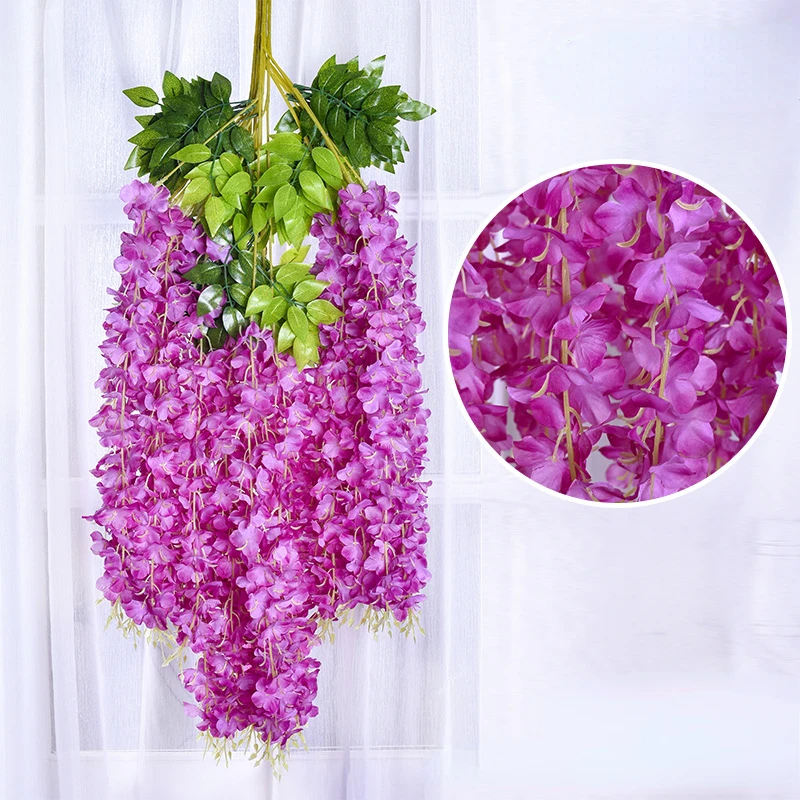 12 pçs flores artificiais de glicínias ratta extra longo grosso videira pendurado guirlanda de seda glicínias para festa em casa decoração de casamento: vinho