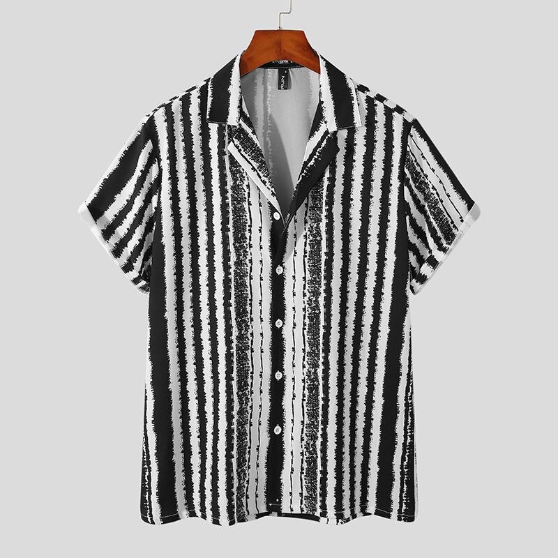 Men Shirt Summer Striped Print Lapel Short Sleeve Breathable Hawaiian Shirts Streetwear Button Casual Camisas INCERUN S-3XL: L