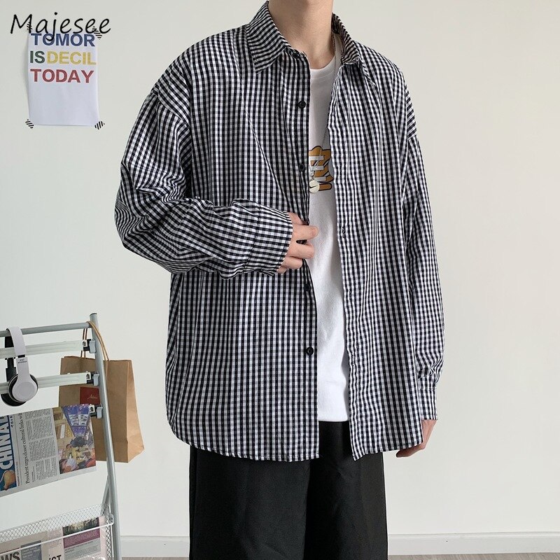 Men Shirts Plaid Long Sleeve Single Breasted Top Couple BF Harajuku Baggy All-match Ins Korean Style Classic Shirt Males Outwear