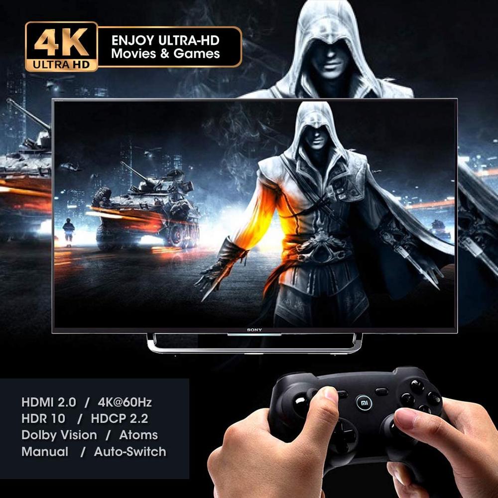 3 in 1 Out HDMI 2.0 Switch 4K 60Hz HDR HDCP 2.2 Dolby Vision 1080P 3D, 3x1 5 Ports HDMI 2.0 Switcher with IR Remote