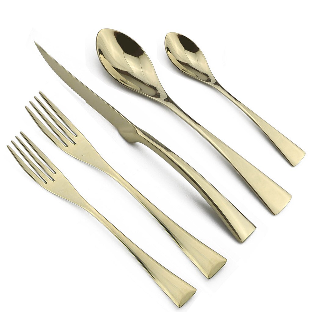 JANKNG 5-Pcs Silver Flatware Set 18/10 Stainless Steel Gold Dinnerware Serrated Knife Fork Spoon Cutlery Food Tableware: 1 set / Champagne