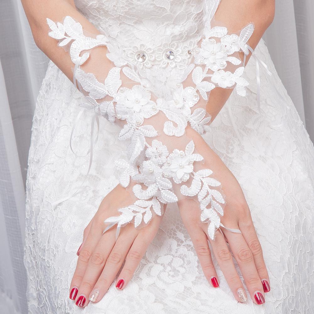 JaneVini White Long Wedding Gloves Fingerless Lace Appliques Pearls Opera Length Gloves Bridal Wedding Accessories