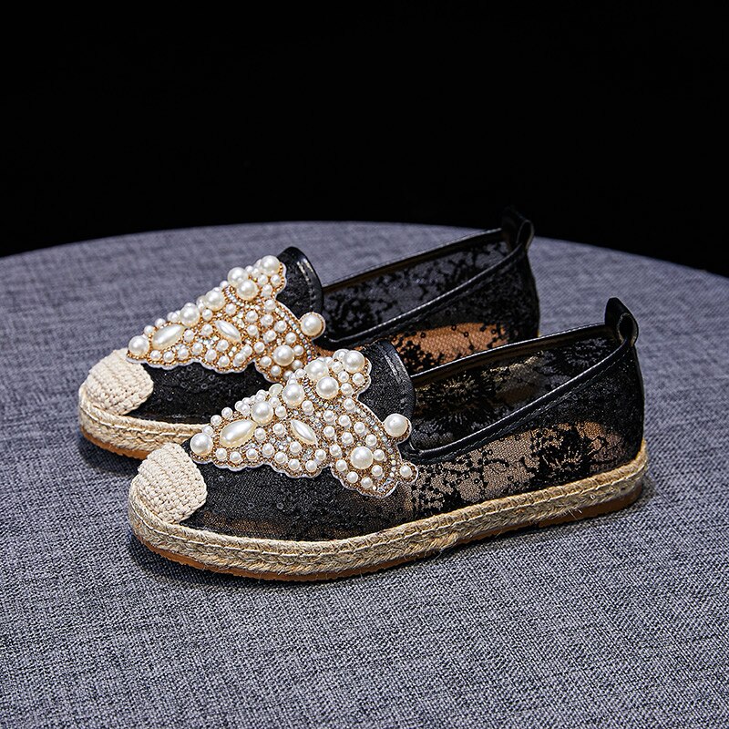 Strass Perles Espadrilles Femmes Sandales Maille Chaussures Plates D'été Respirant Lolita Sans Lacet Dames Chaussures Mocassins: Black / 35