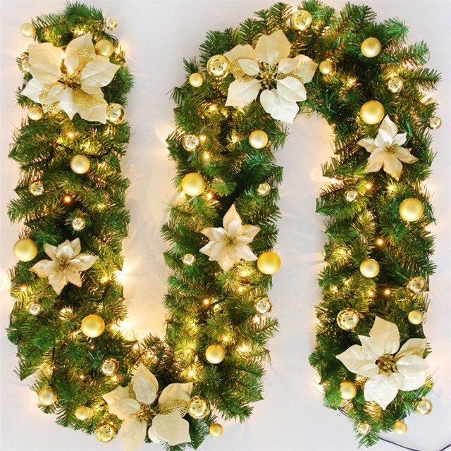2.7M Christmas Rattan Artificial Garland Home Decor Wreath Decorative Green Christmas Garland Artificial Xmas Tree Decoration: gold / With LED