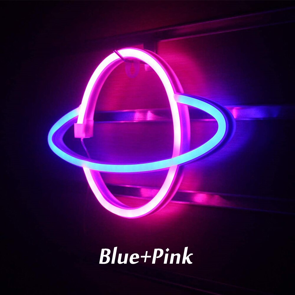 LED Neon Lamp Elliptical Planet Shaped Sign Lamp Battery Powered Party Home Decor Wall Light Party Neight Light: blue pink