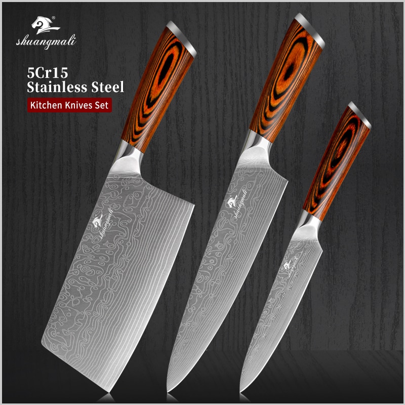 Shuangmali 3 stk værktøj madlavning kok kniv sæt 5 cr 15 rustfrit stål køkken kniv sæt paring udskæring kinesisk spaltekniv