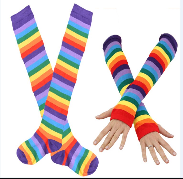 Women Ladies Rainbow Thigh High Socks Girl Arm Warmer Mitten Stretchy Gloves: Socks And Gloves