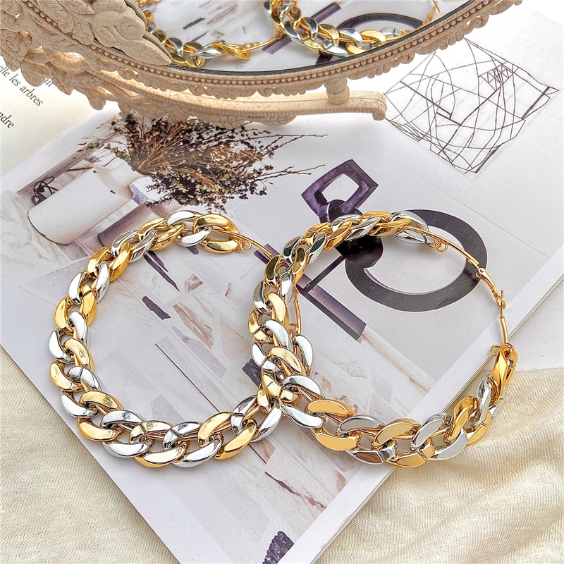 Bohemian Oversize Chain Hoop Earrings For Women Double Gold Silver Color Circle Earrings Luxury Statements