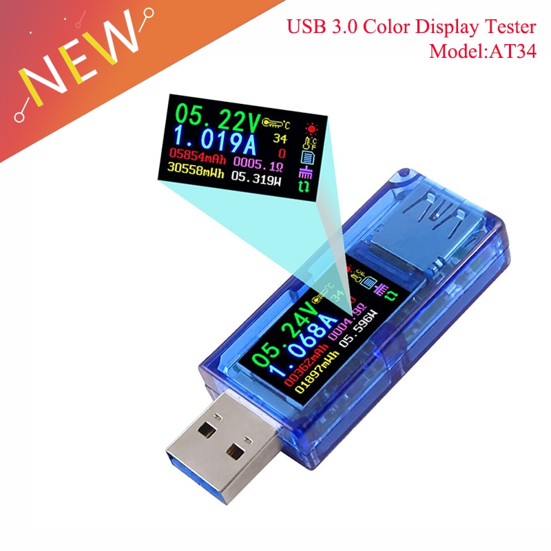 AT34 USB 3.0 kleur LCD Voltmeter amperemeter voltage meter multimeter batterij power bank USB Tester