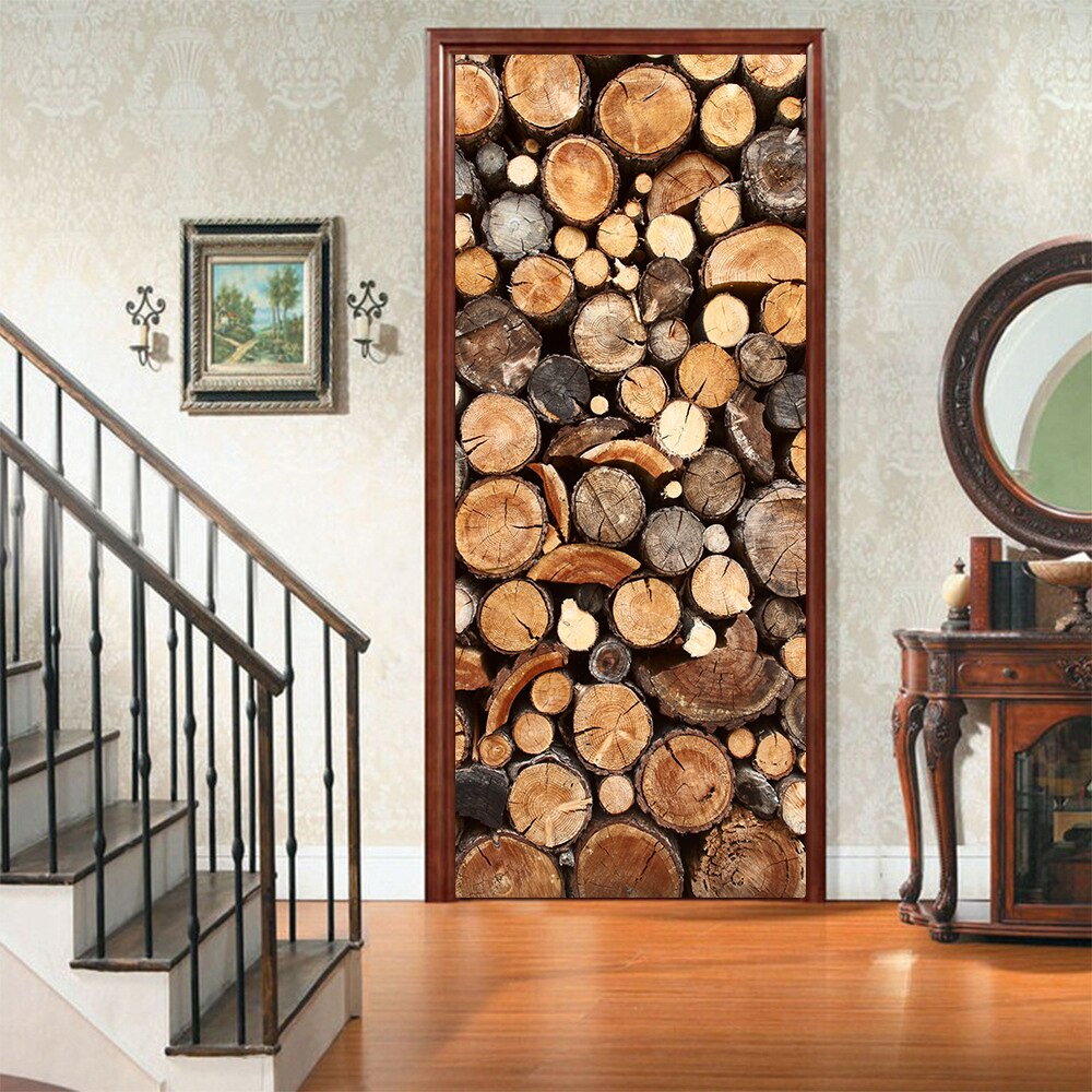 Wood Stack Vinyl Door Stickers Home Decoration for Kitchen Toilet Outdoor Diy Wall Stickers Peel &amp; Stick Art Wallpaper