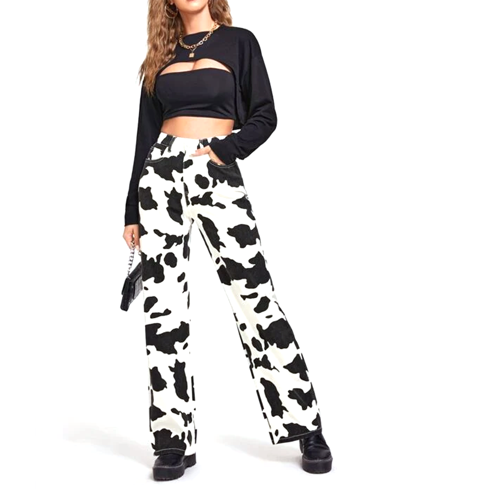 Pantalones vaqueros con estampado de vaca y leche para mujer, vaqueros de cintura alta, ajustados, rectos, informales, Harajuku