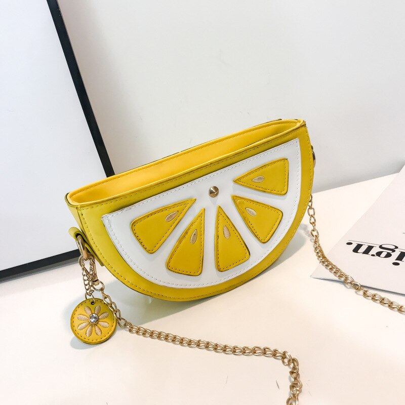 Damenhandtasche aus pu-leder, niedliche umhängetasche mit fruchtmotiv und kette, orangefarbene wassermelonen-tasche