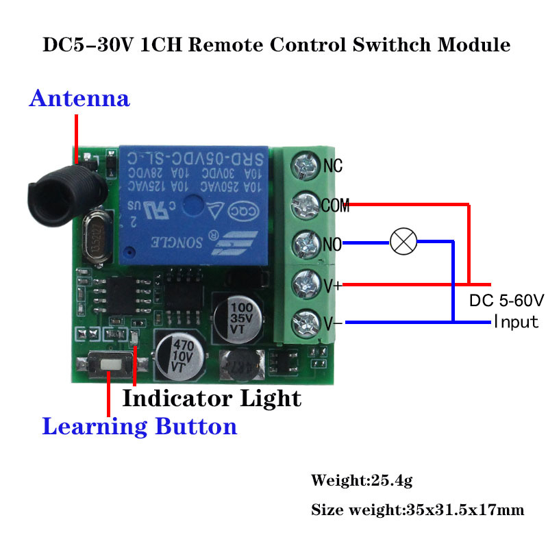 Interruptor de Control remoto inalámbrico Universal, módulo receptor de relé, Transmisor de RF, 433Mhz, 433Mhz, cc 12V, 5V-60V, 1 canal