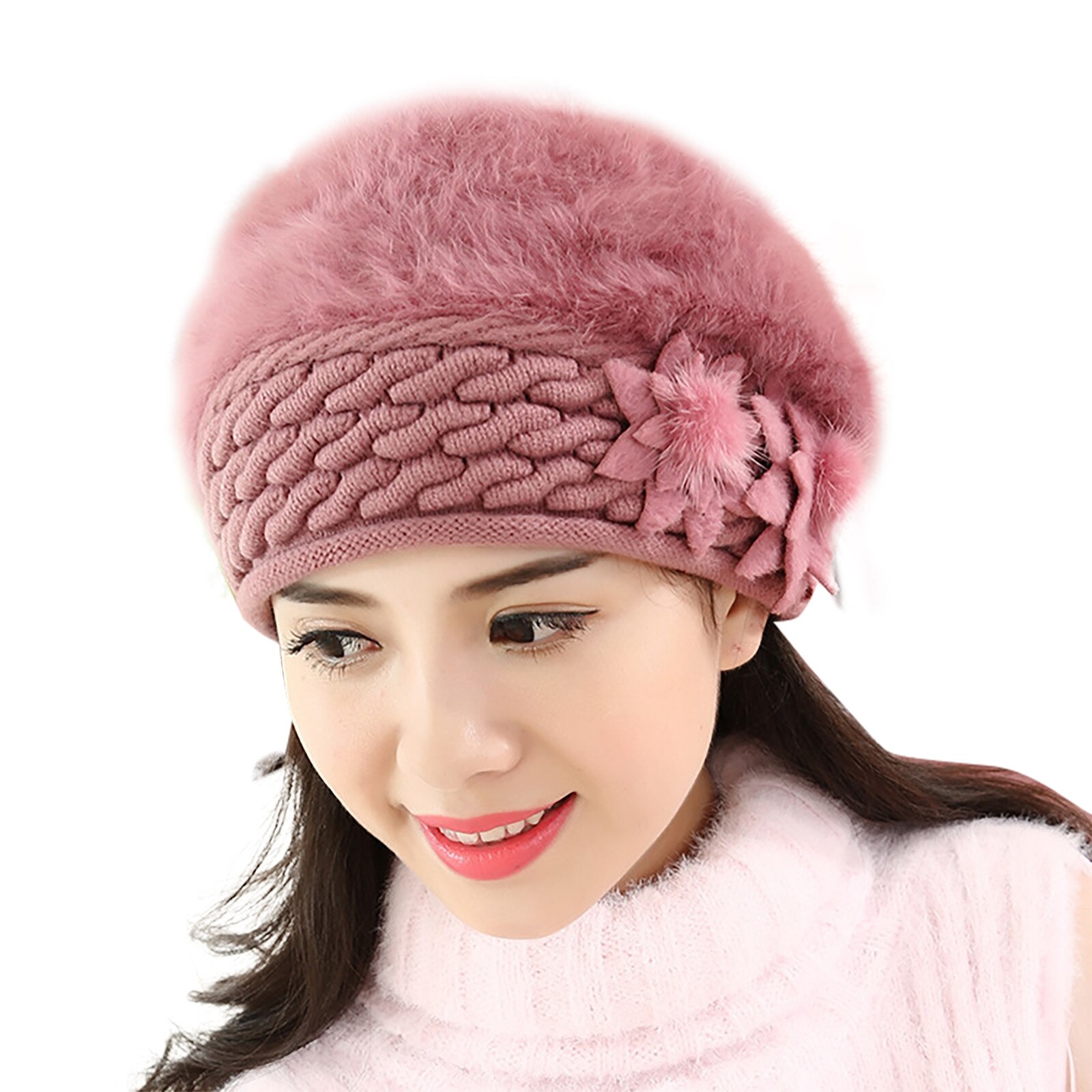 Beret Women Winter Hat Beanie Warm Knit Flower Double Layers Soft Thick Thermal Snow Skiing Outdoor Hats For Female Caps: Purple 