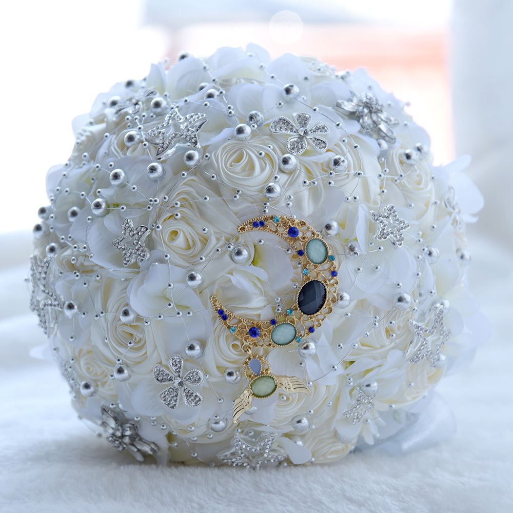 Janevini bling bling rhinestone lyserøde blomster luksus stjerner brude smykker kunstig hortensia krystal måne bryllup buket: Elfenben