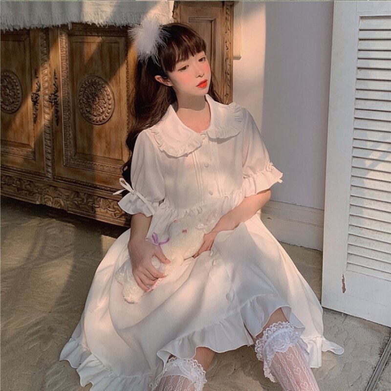 Vestido de diario Lolita blanco para adolescentes, Retro, Vintage, gótico, Victoriano, estilo japonés, para estudiantes de escuela, con volantes, princesa