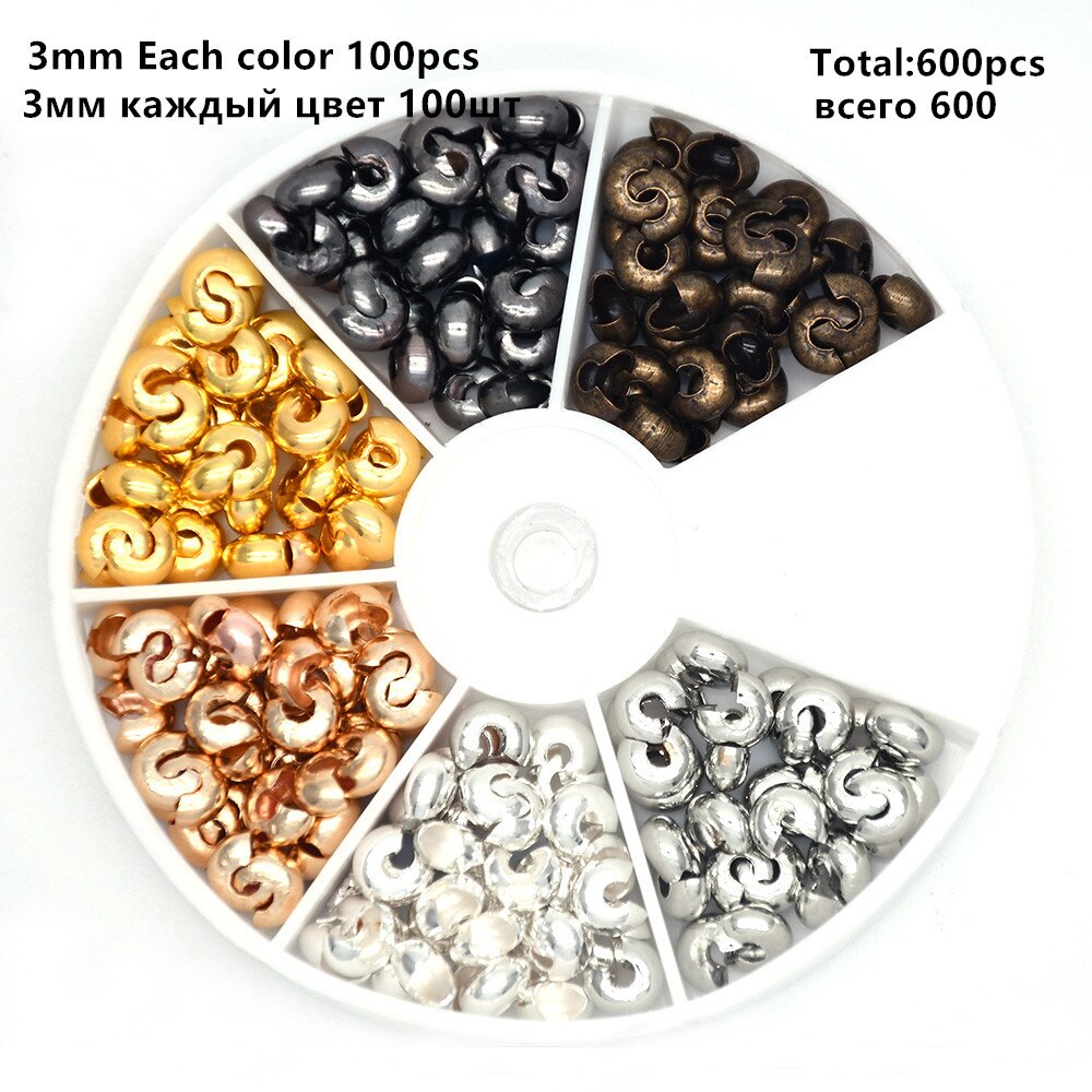 500pcs/Box 6 Colors 3mm Half Round Open Brass Crimp Beads Covers Knot Covers Beads End Tips for Jewelry Makings: Crimp bead style 2