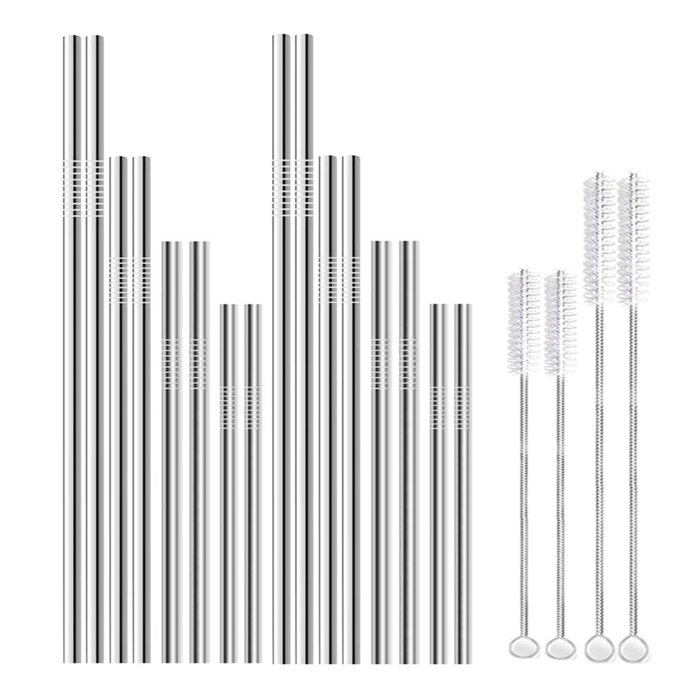 Pajitas reutilizables de acero inoxidable para beber, juego de pajitas largas y cortas de Metal con 4 cepillos para Bar, , artículos para beber para niños, 4 tamaños: 16Pcs Straight