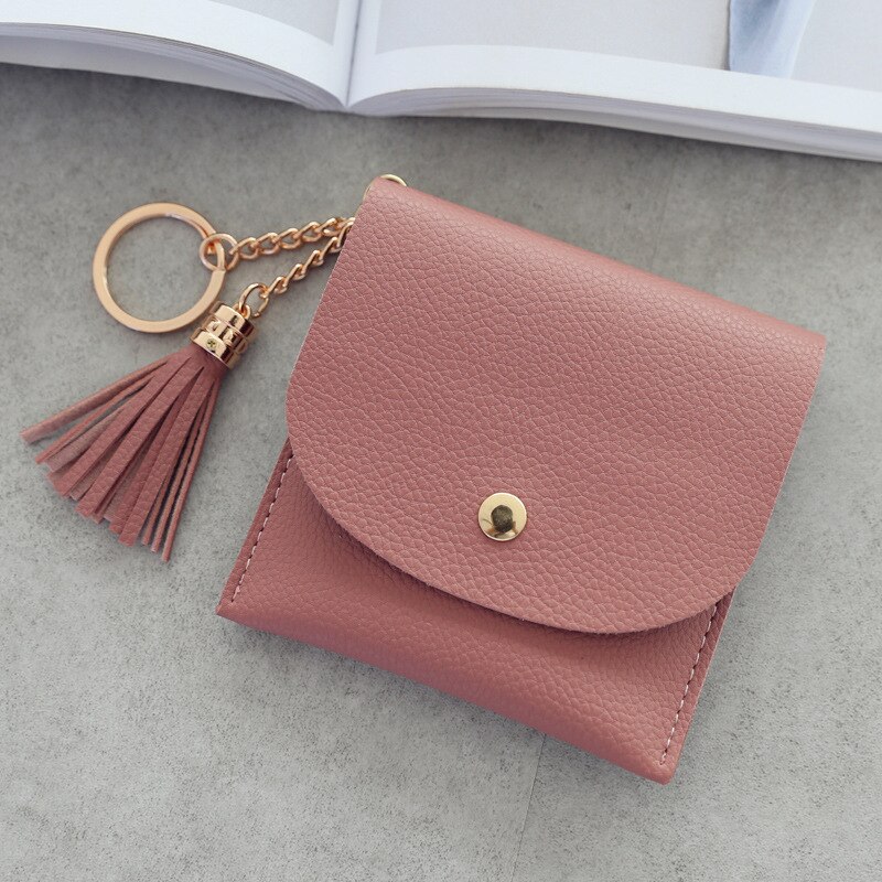 Student Dunne Portefeuilles Vrouwen Portemonnee Dames Pu Lederen Tassel & Metalen Ring Clutch Sleutelhanger Dunne Sleutel Tas Kaarthouders mini Pouch: Deep pink