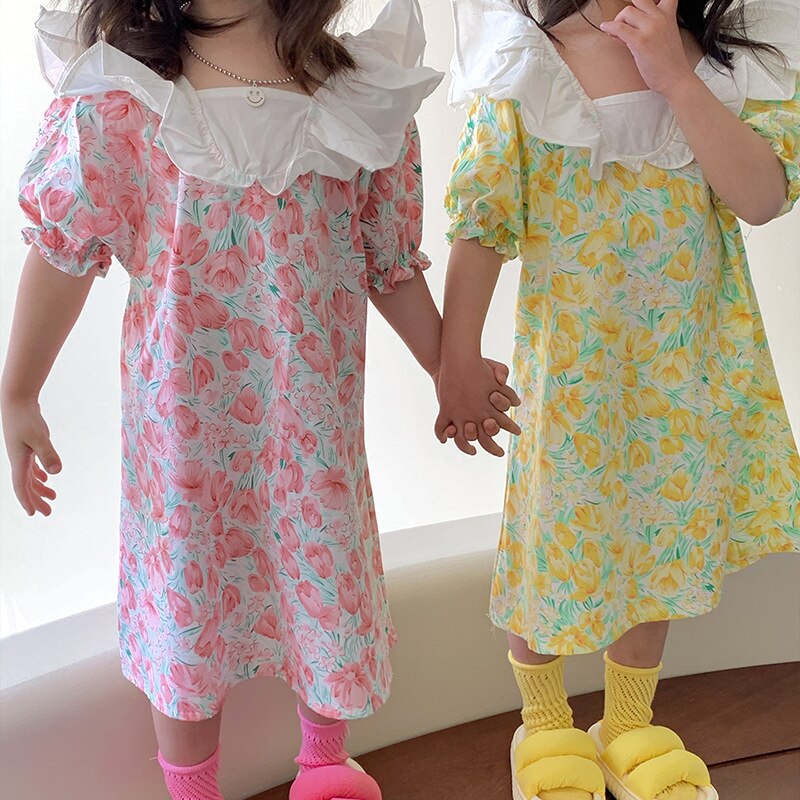 2068B Girl Dress Summer 2022 Short Sleeve Korean Floral Dress Cotton Princess Flying Sleeve Dress Children's Dress