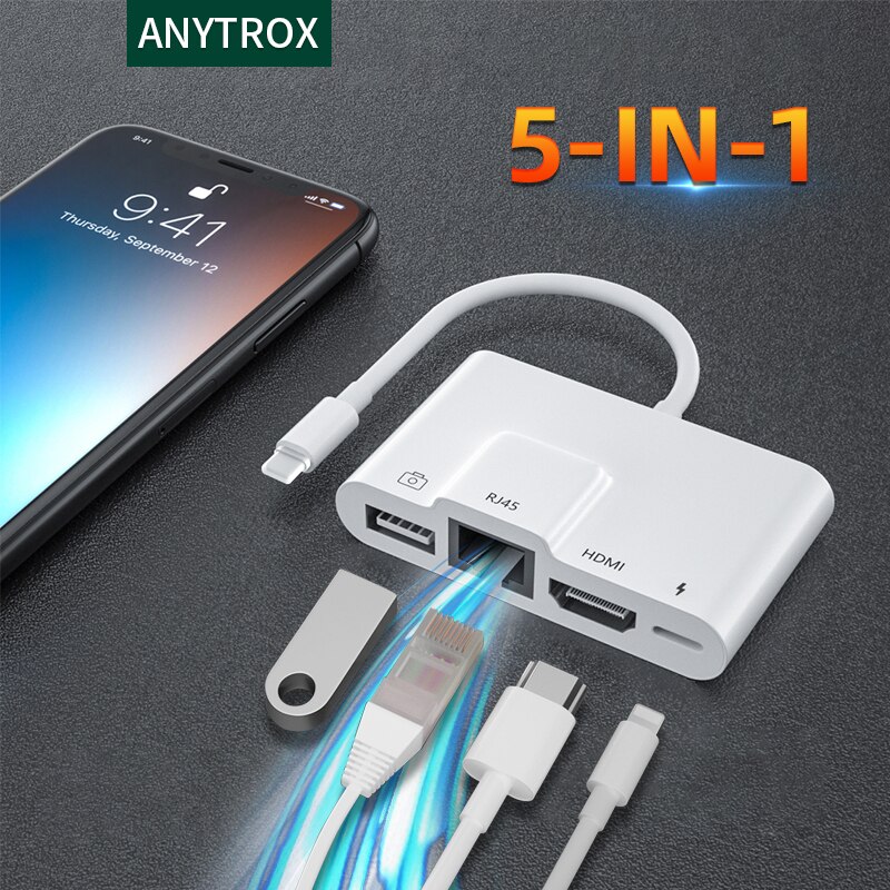 Adaptateur Lightning vers Ethernet RJ45, iPad toUSB/HDMI avec Port de charge, ipad vers Ethernet prend en charge le système Internet/POS 100mbps pour iphone