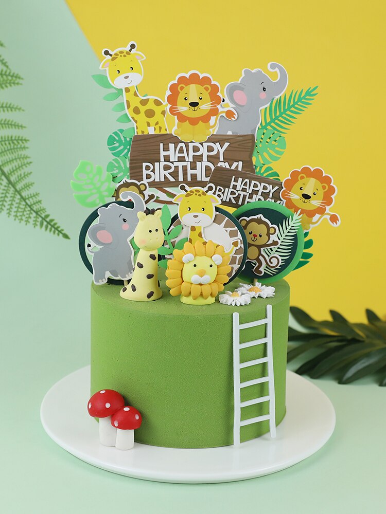 Jungle Animals Cactus Cake Toppers Happy Birthday Decorations For Children's Day Boy Girl Party Baking Sweet LoveGifts Supplies