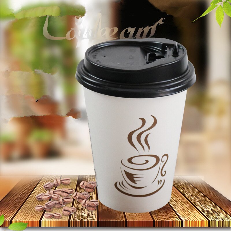 50pcs white disposable coffee cup takeaway package 8oz 12oz 16oz cold drink tea paper cup with lid