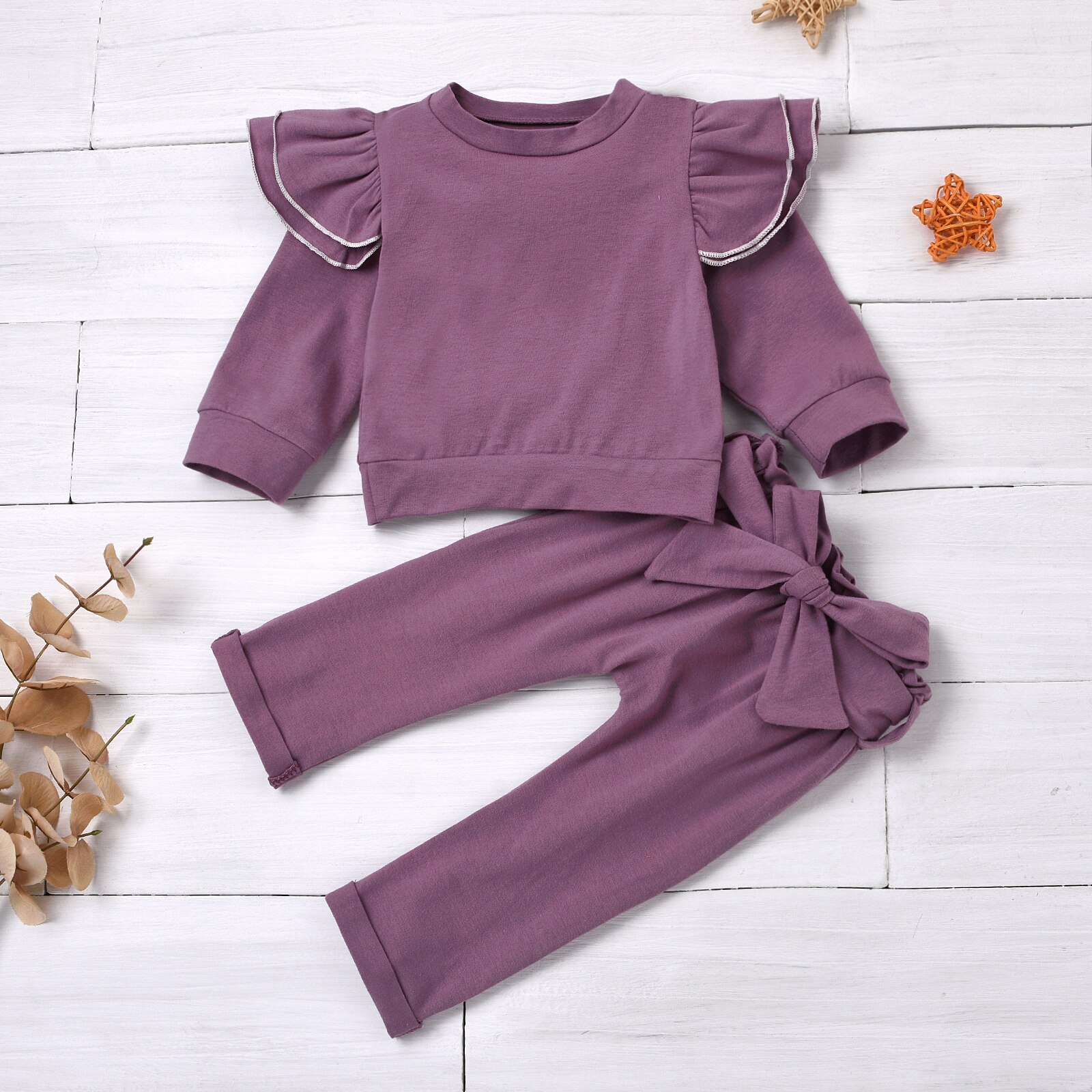 Focusnm 0-24m bebê recém-nascido meninas meninos conjuntos de roupas babados sólido manga longa pulôver moletom topos calças 2 pçs