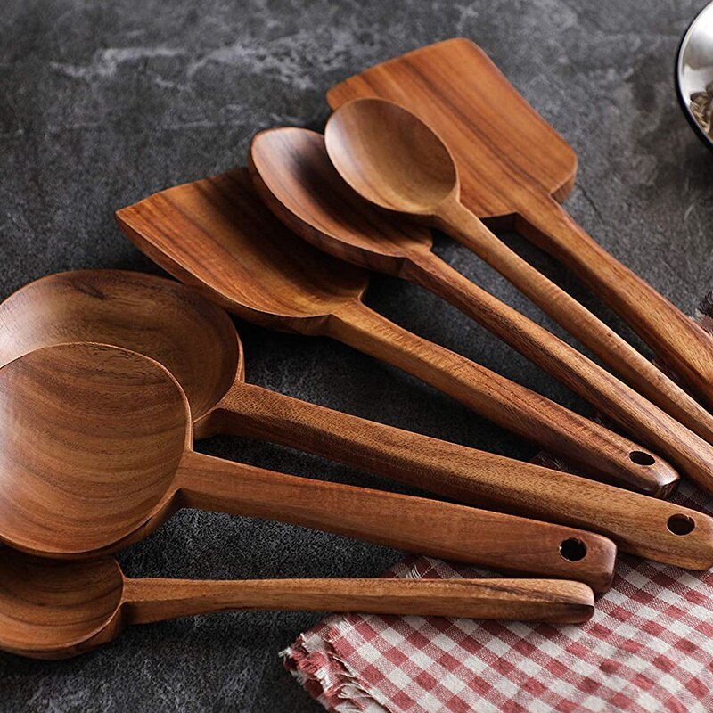 -7Pcs Long Handle Wooden Cooking Utensil Set Non-Stick Pan Kitchen Tool Wooden Cooking Spoons and Spatulas
