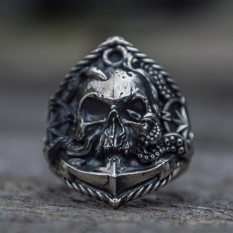 Vintage Mannen Anker Ring Unieke Piraat Octopus Anker Adsorptie Kompas Stijl Punk Motorcycle Bike Charm Ring