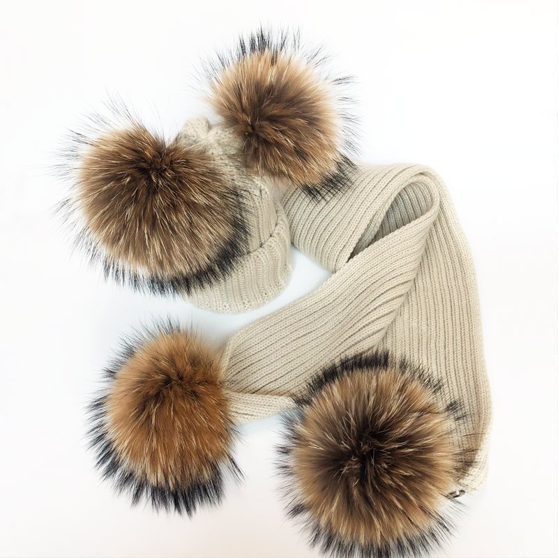 Ouder-kind Winter hoeden Schattige Baby bont Pompon Hoed Sjaal Sets Echte Natuurlijke Haarbal Caps Moeder Kinderen Warme Gebreide Hoeden Winter Bea