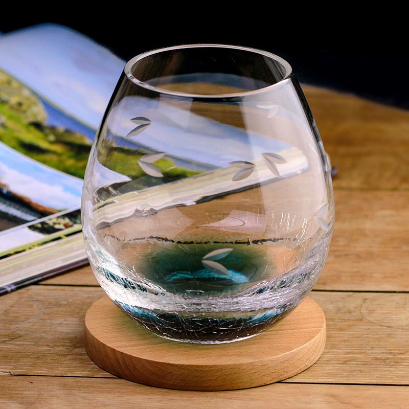 Japanese Style Edo Crystal Ice Cracks Water Cup Manual Engraving Sakura Blackish Green Artwork Big Belly Egg Wine Glass Tumbler