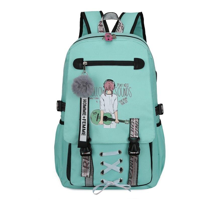 Große Schule Taschen für Teenager Mädchen Rucksack Frauen Bookbags Schüler Nylon Druck Hochschule Schul Jugend Usb mit Schloss Bagpack: Grün