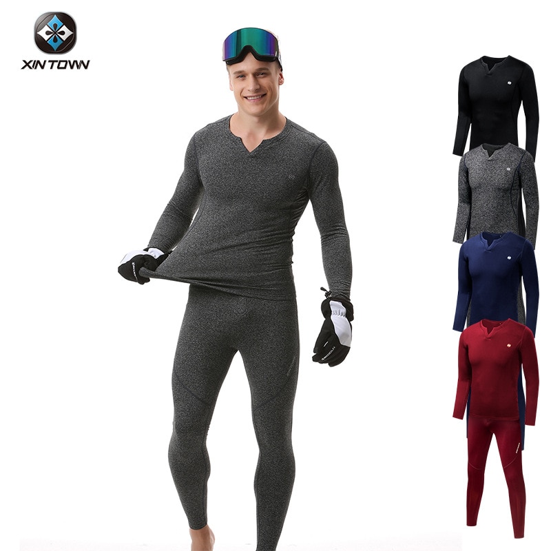 Winter Herfst Skiën Thermisch Ondergoed Fietsen v-hals Lange Mouw Fitness Pak Mannen Dikker Fleece XINTOWN mannen Ski Warmer set