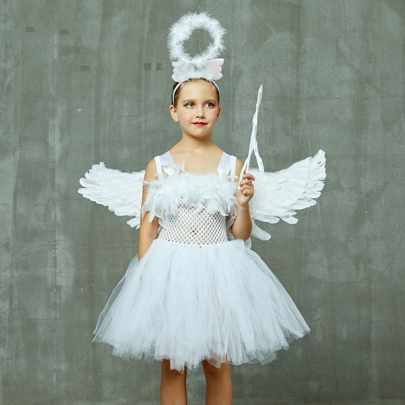 Wächter Engel Kinder Halloween Kostüm Weiß Feder Engel Mädchen Tutu Kleid mit Flügel & Halo Weihnachten Krippe Gabriel Kleidung