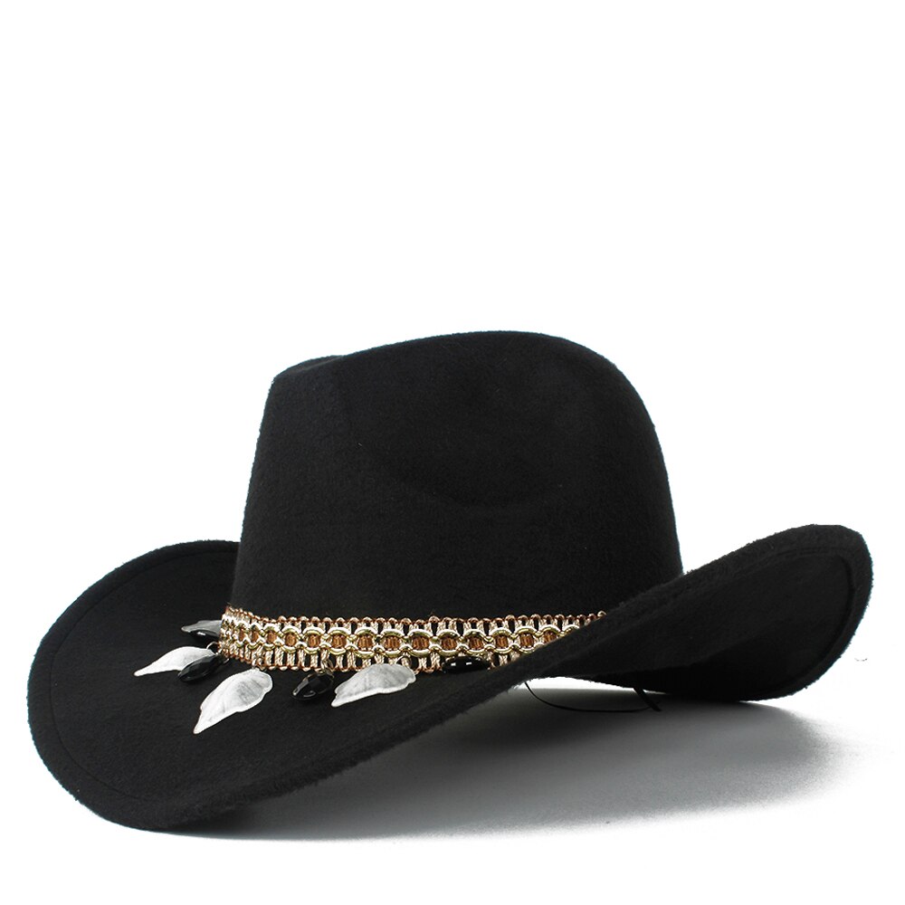 Kvinder uld hule vestlige cowboy hat dame tasseloutblack cowgirl sombrero hombre jazz cap: Sort