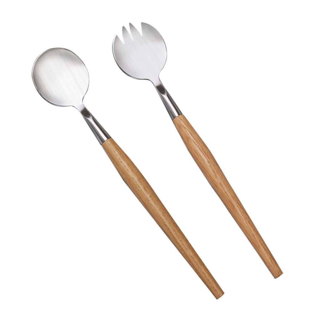 2 st och gaffelsats rostfritt stål trähandtag salladservrar bestick fruktbesticksservis