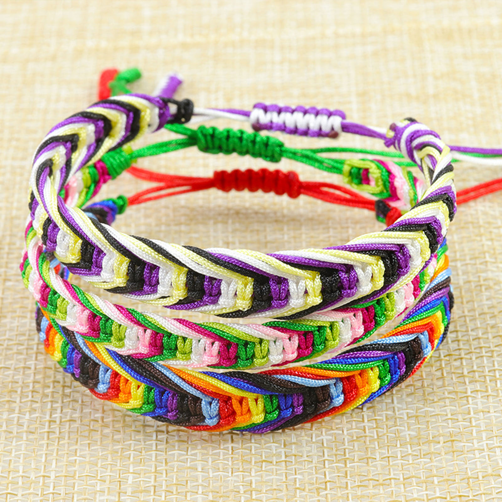 Pulseras de amistad trenzadas con hilo ondulado bohemio de poliéster, tejido étnico Multicolor texturizado ajustable de 15cm-27cm de largo, 1 ud.
