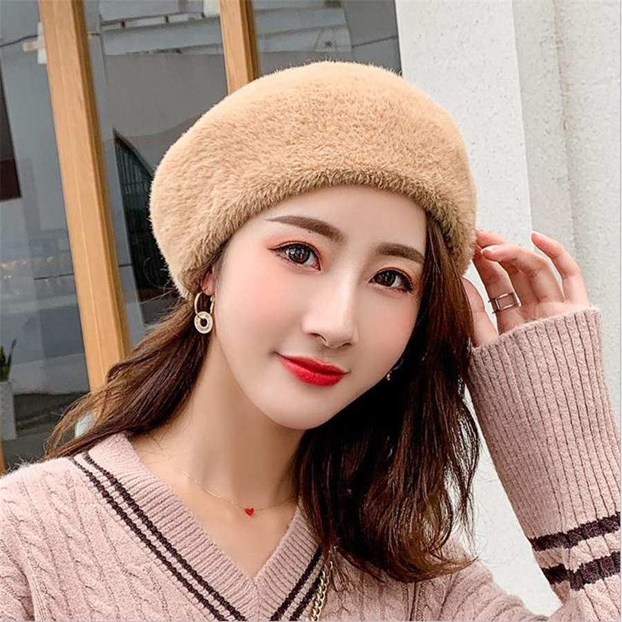 Faux velvet woman beret ladies Parisian style hats autumn winter night hat woman girl birthday christmas: Khaki