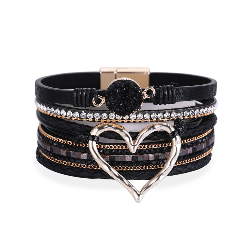 Amorcome-pulsera de cuero trenzado para mujer, brazalete con varias capas de piedras de resina, corazón hueco,: Black