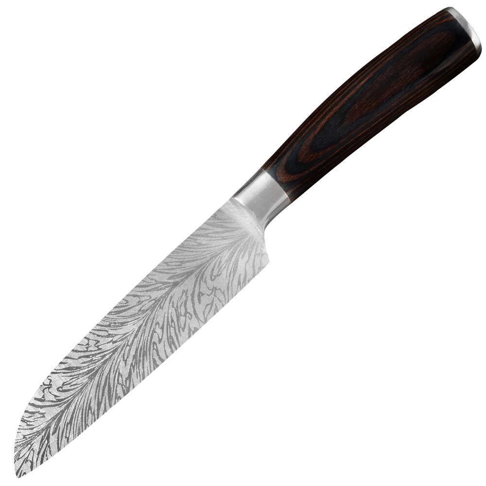 Damask fjermønster rustfrit stål køkkenknive efterligning damaskus klinge køkkenkniv 7 cr 17 kokknive sæt træhåndtag: 5 tommer santoku