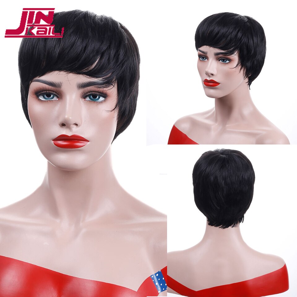 JINKAILI PRUIK Korte Pixie Cut Pruiken voor Vrouwen Hittebestendige Synthetische Zwart Grijs Haar Pruiken Kostuum Pruik