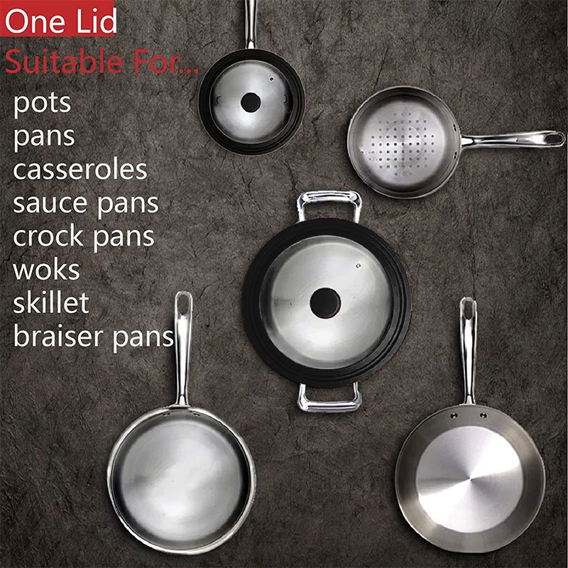 Multi Size Universal Lid for Pots Pans Cookware Tempered Glass Lid for Skillets with Silicone Rim Replacement Lid for Frying Pan